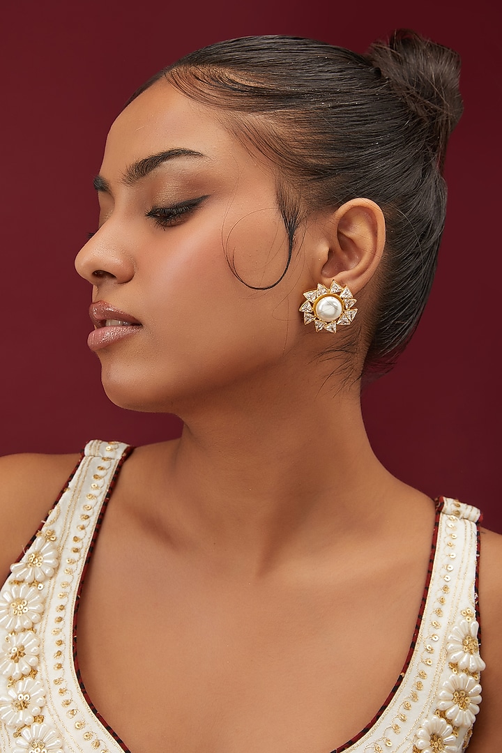 Gold Finish Zircon & Pearl Floral Stud Earrings by Moh-Maya by Disha Khatri at Pernia's Pop Up Shop