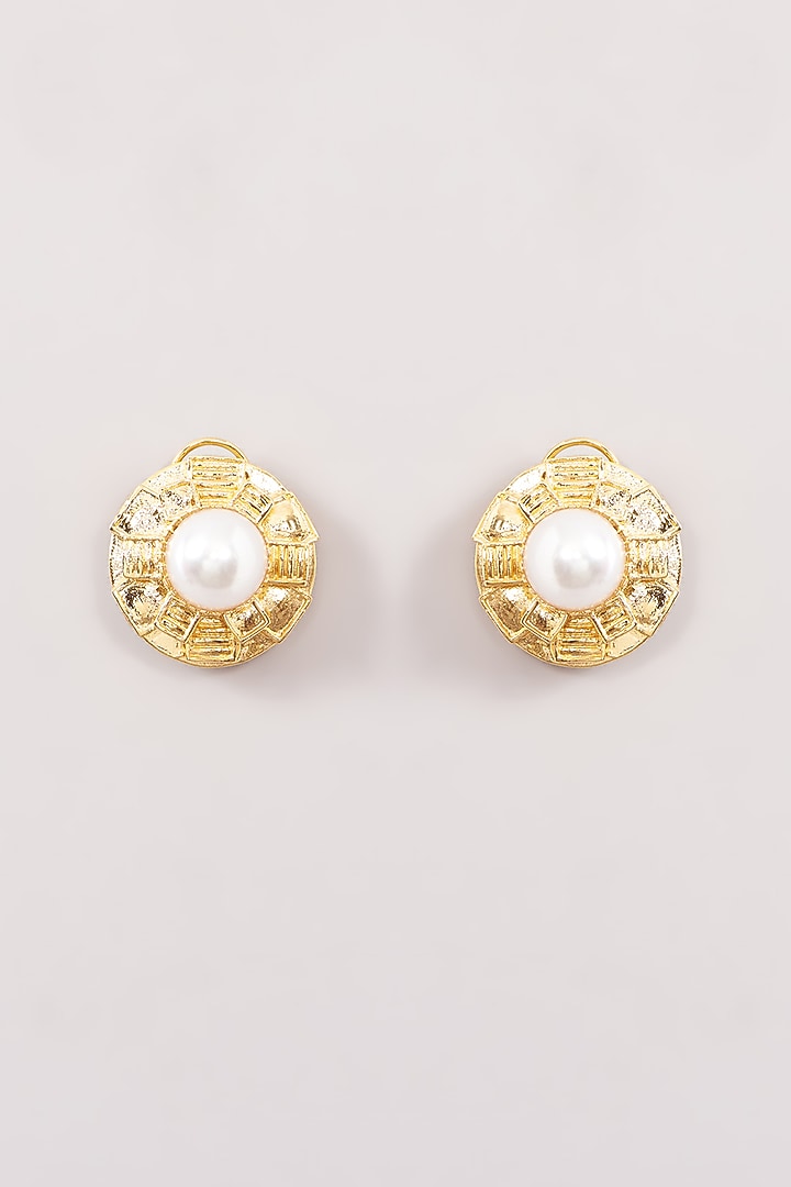 Gold Finish Pearl Layered Stud Earrings by Moh-Maya by Disha Khatri at Pernia's Pop Up Shop
