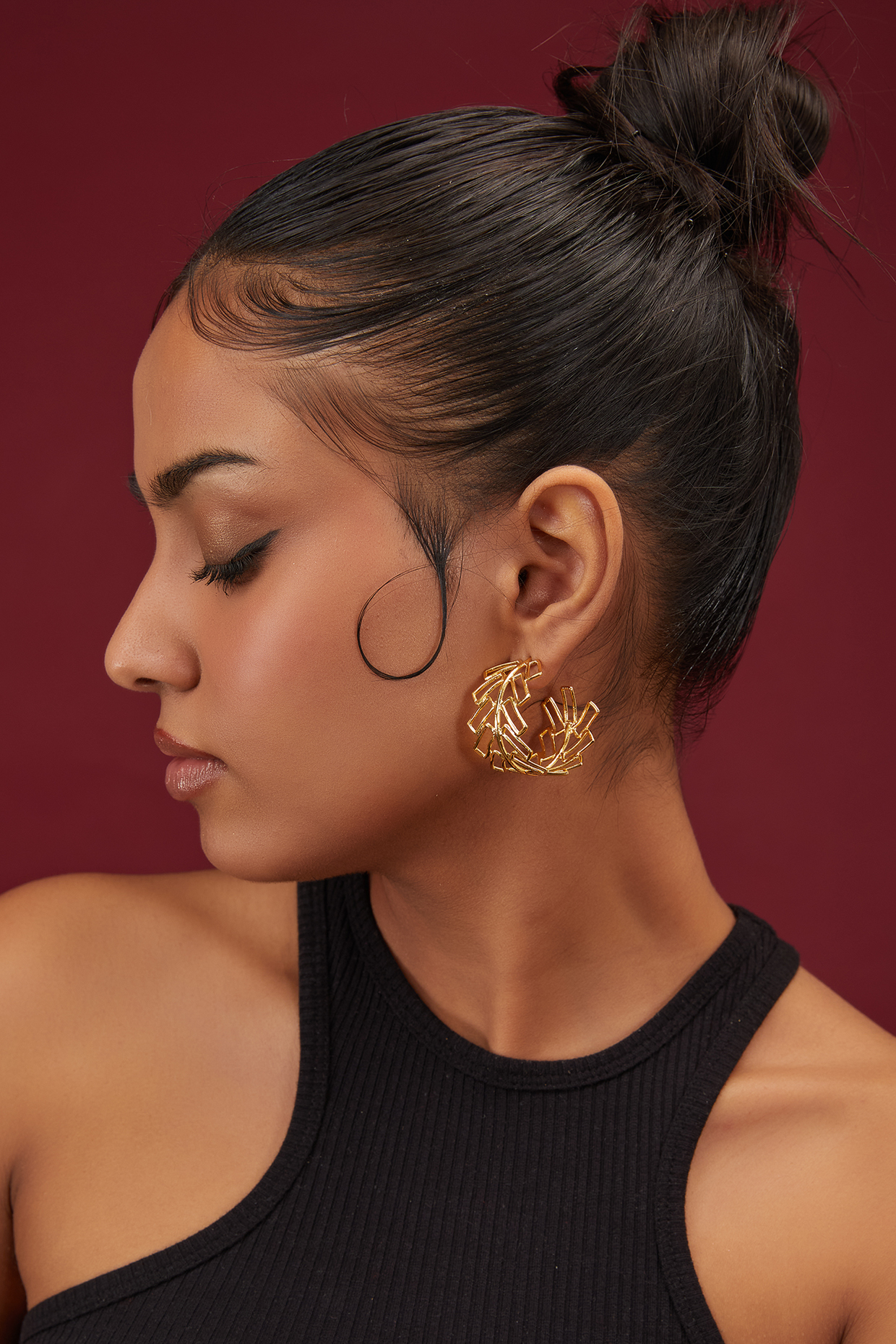 Gold Finish Net Design Hoop Earrings by Moh Maya by Disha Khatri at Pernia s Pop Up Shop