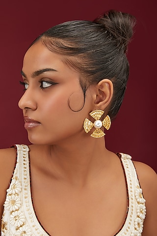Gold Finish Pearl Triangle Stud Earrings by Moh-Maya by Disha Khatri