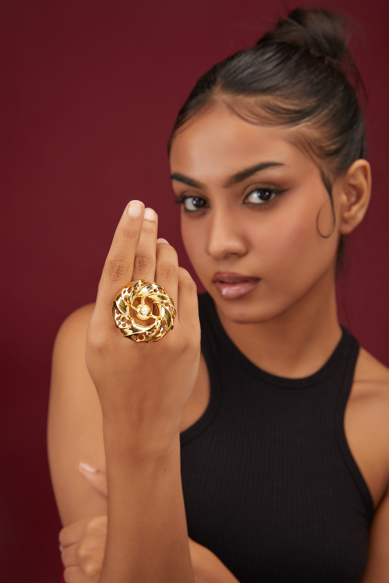 Gold Finish Pearl Self Design Ring by Moh-Maya by Disha Khatri at Pernia's Pop Up Shop