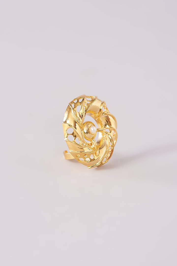 Gold Finish Pearl Self Design Ring by Moh-Maya by Disha Khatri at Pernia's Pop Up Shop
