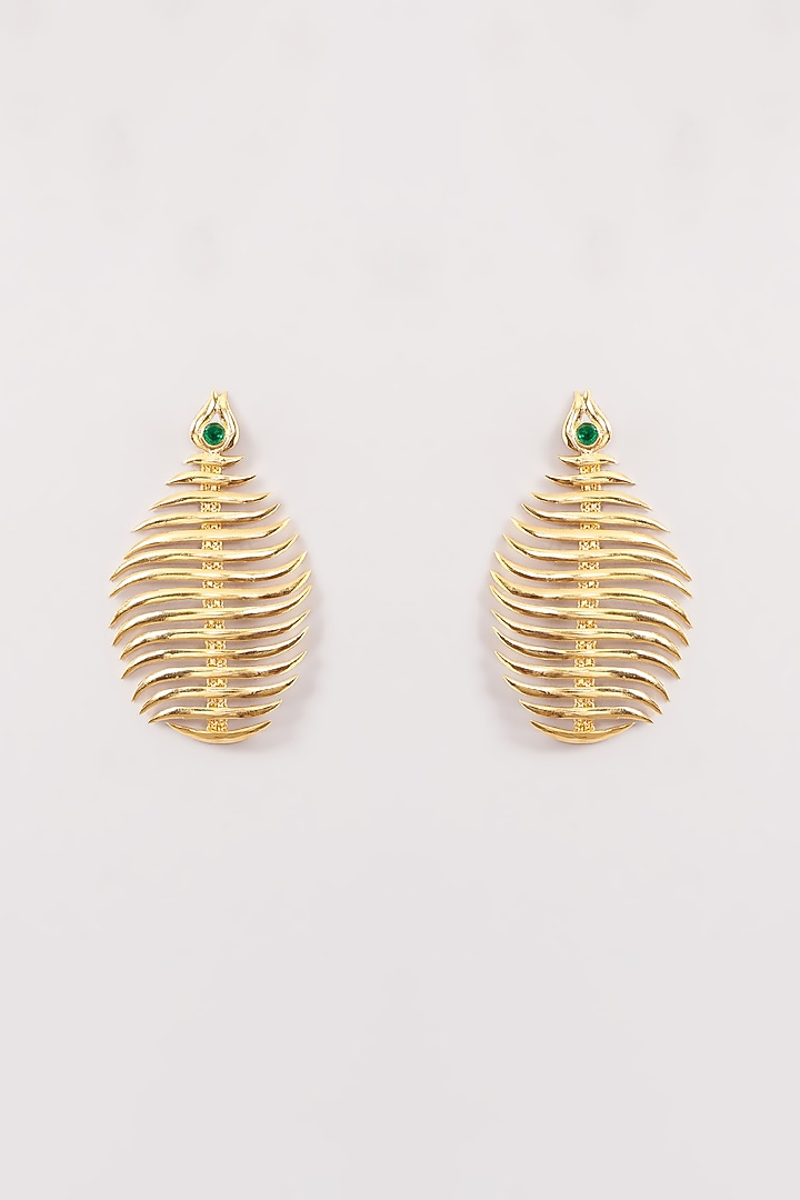 Gold Finish Emerald Stone Fish Scale Dangler Earrings by Moh-Maya by Disha Khatri at Pernia's Pop Up Shop