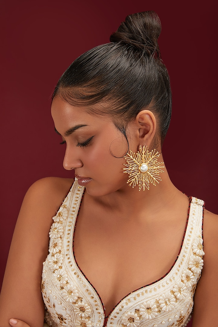 Gold Finish Pearl Pine Tree Stud Earrings by Moh-Maya by Disha Khatri at Pernia's Pop Up Shop