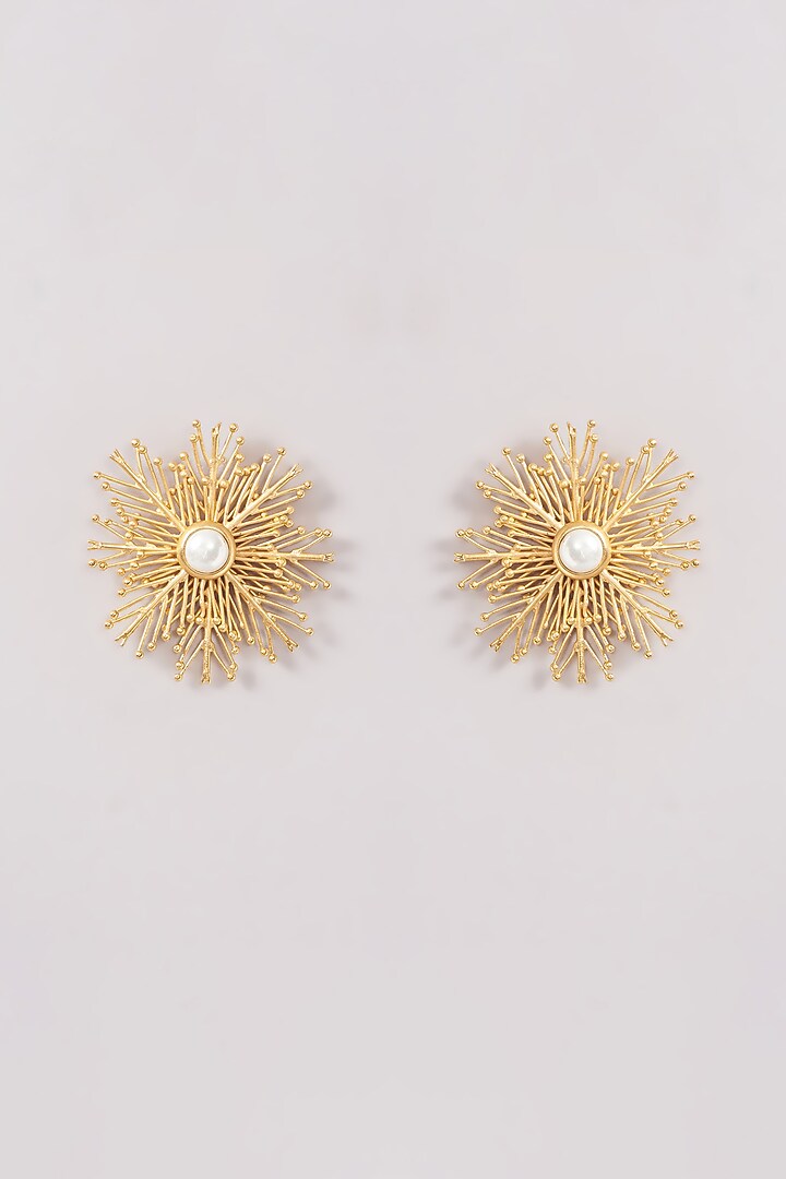 Gold Finish Pearl Pine Tree Stud Earrings by Moh-Maya by Disha Khatri at Pernia's Pop Up Shop