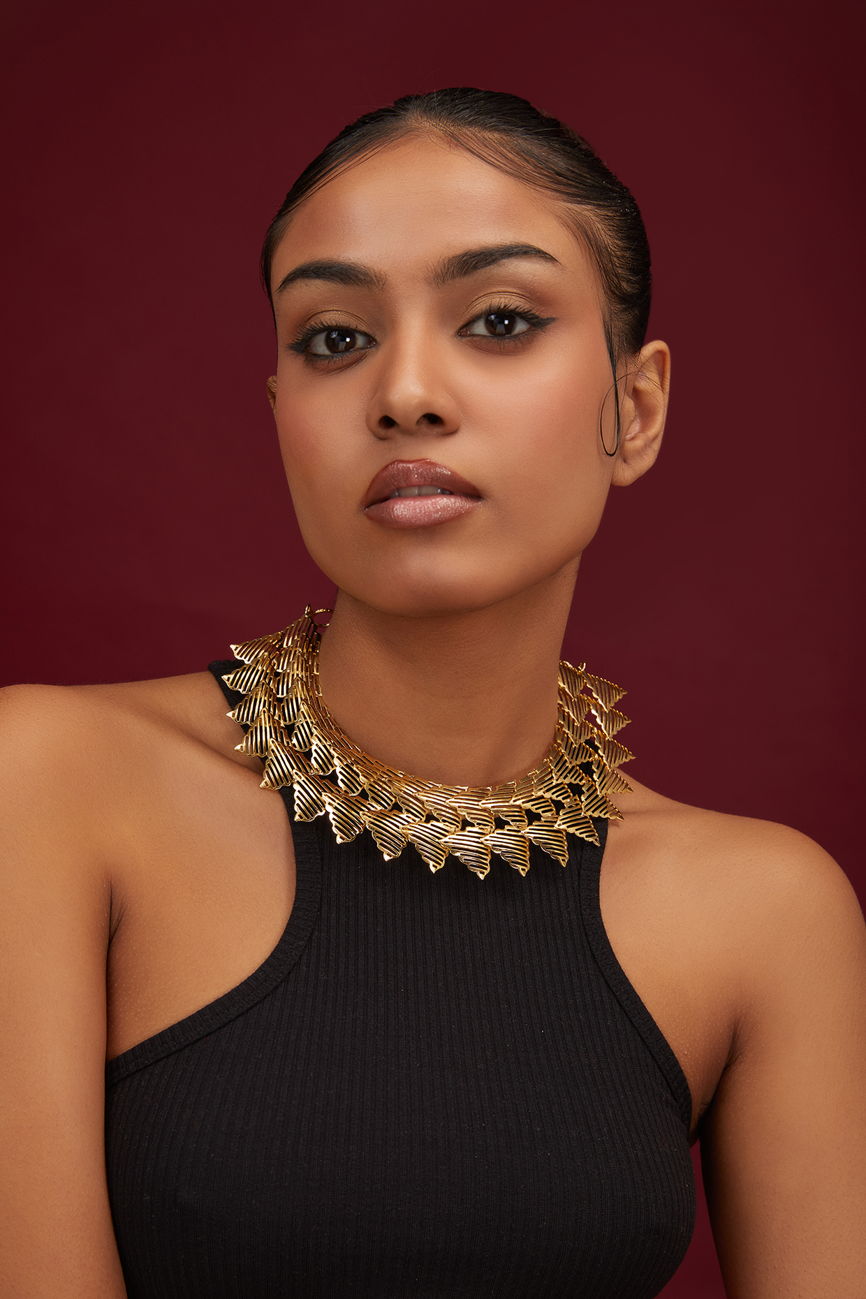 Gold Finish Triangle Double Layered Choker Necklace by Moh-Maya by Disha Khatri at Pernia's Pop Up Shop