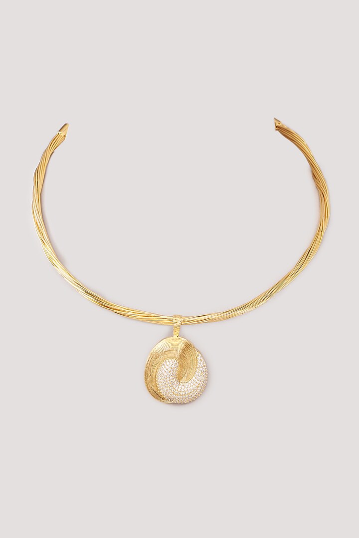 Gold Finish Zircon Long Oval Pendant Necklace by Moh-Maya by Disha Khatri at Pernia's Pop Up Shop