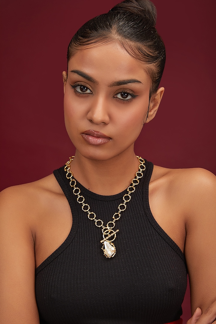 Gold Finish Baroque Pearl Long Necklace by Moh-Maya by Disha Khatri at Pernia's Pop Up Shop