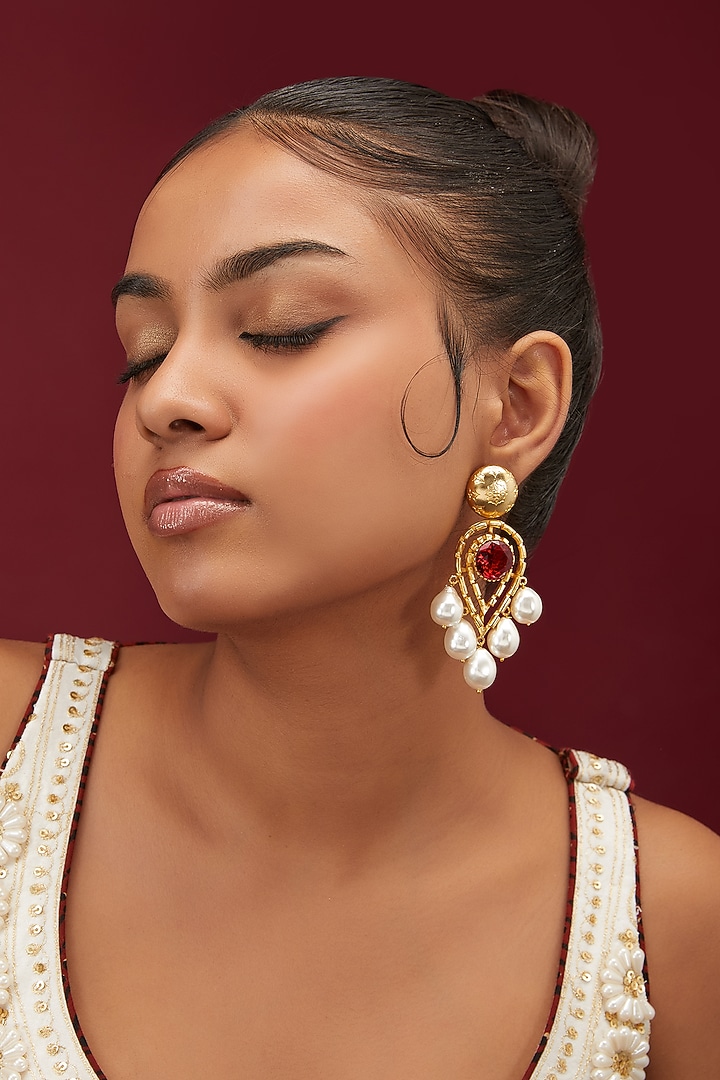 Gold Finish Ruby Stone & Pearl Drop Dangler Earrings by Moh-Maya by Disha Khatri at Pernia's Pop Up Shop