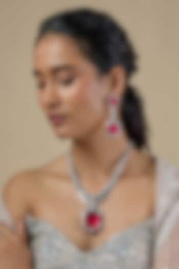Silver Finish Pink Stone & Zircon Long Necklace Set by Moh-Maya by Disha Khatri at Pernia's Pop Up Shop