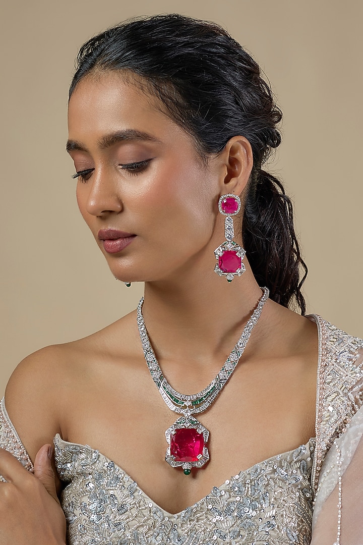 Silver Finish Pink Stone & Zircon Long Necklace Set by Moh-Maya by Disha Khatri at Pernia's Pop Up Shop