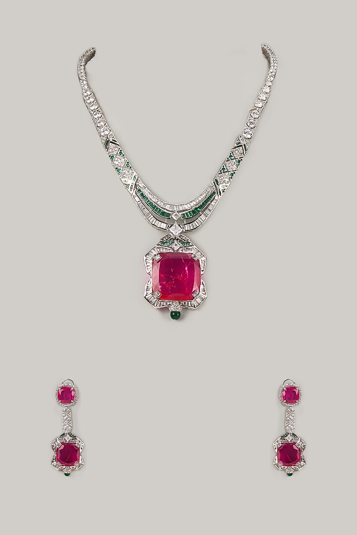 Silver Finish Pink Stone & Zircon Long Necklace Set by Moh-Maya by Disha Khatri at Pernia's Pop Up Shop