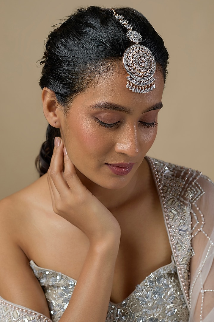 Rose Gold Finish Zircon Maangtikka by Moh-Maya by Disha Khatri at Pernia's Pop Up Shop