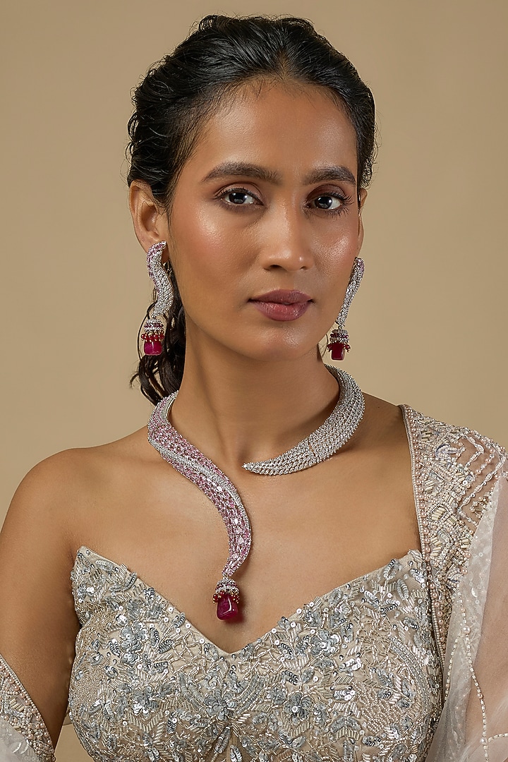 Silver Finish Ruby & Zircon Necklace Set by Moh-Maya by Disha Khatri at Pernia's Pop Up Shop