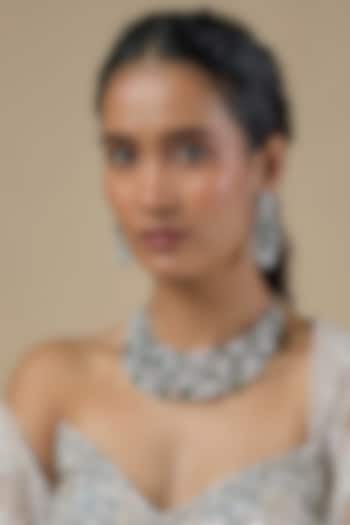 Silver Finish Emerald & Zircon Choker Necklace Set by Moh-Maya by Disha Khatri at Pernia's Pop Up Shop