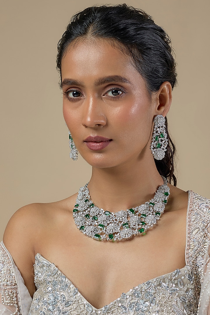 Silver Finish Emerald & Zircon Choker Necklace Set by Moh-Maya by Disha Khatri at Pernia's Pop Up Shop