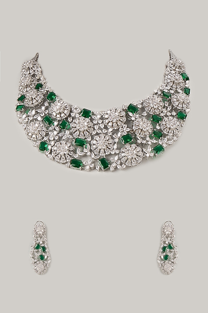 Silver Finish Emerald & Zircon Choker Necklace Set by Moh-Maya by Disha Khatri at Pernia's Pop Up Shop