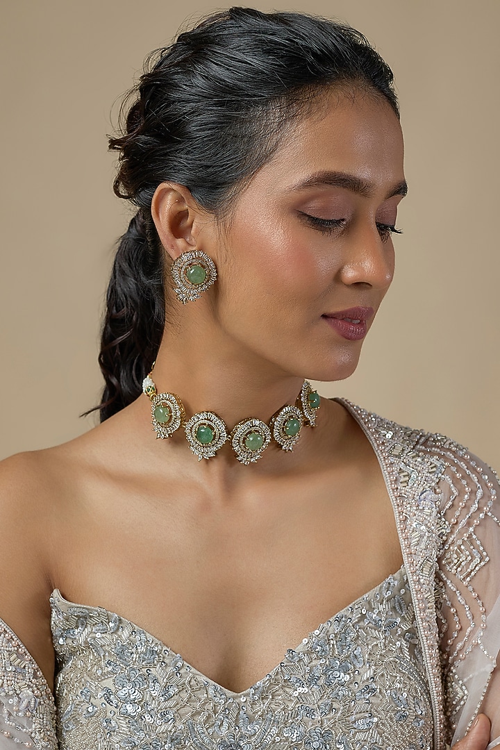 Gold Finish Mint Green Stone & Zircon Choker Necklace Set by Moh-Maya by Disha Khatri at Pernia's Pop Up Shop