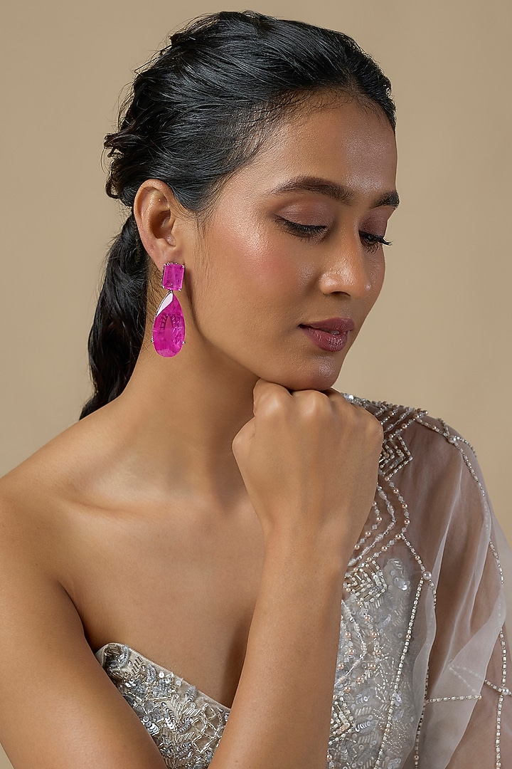 Silver Finish Pink Stone Dangler Earrings by Moh-Maya by Disha Khatri at Pernia's Pop Up Shop