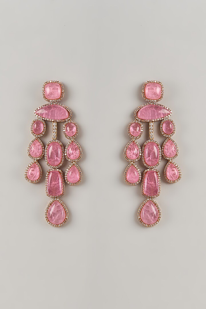 Gold Finish Rose Quartz Stone & Zircon Dangler Earrings by Moh-Maya by Disha Khatri at Pernia's Pop Up Shop