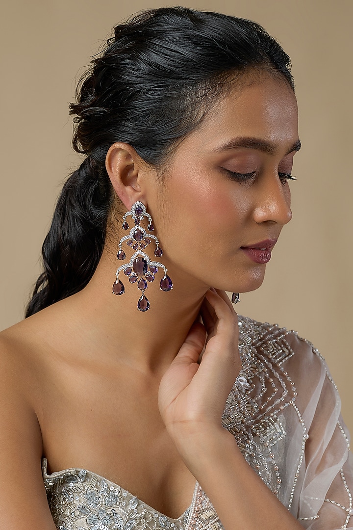 Silver Finish Amethyst & Zircon Dangler Earrings by Moh-Maya by Disha Khatri at Pernia's Pop Up Shop