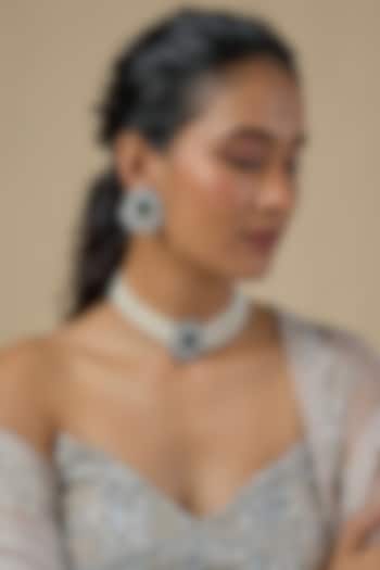 Silver Finish Emerald & Pearl Choker Necklace Set by Moh-Maya by Disha Khatri at Pernia's Pop Up Shop