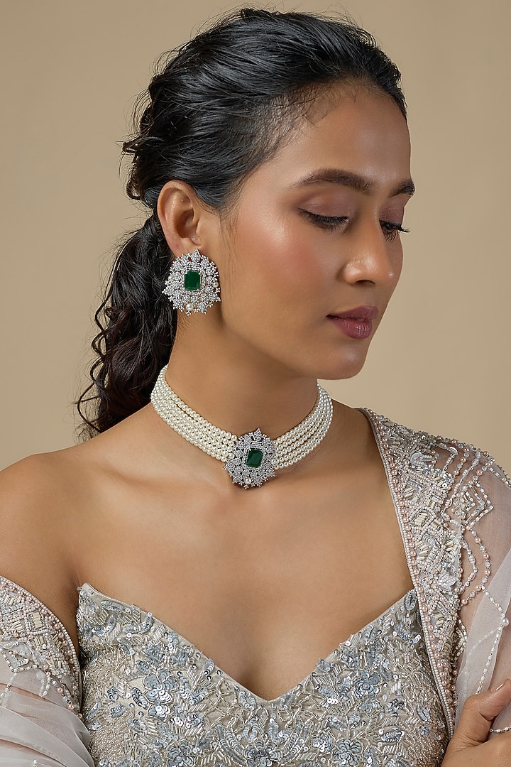 Silver Finish Emerald & Pearl Choker Necklace Set by Moh-Maya by Disha Khatri at Pernia's Pop Up Shop