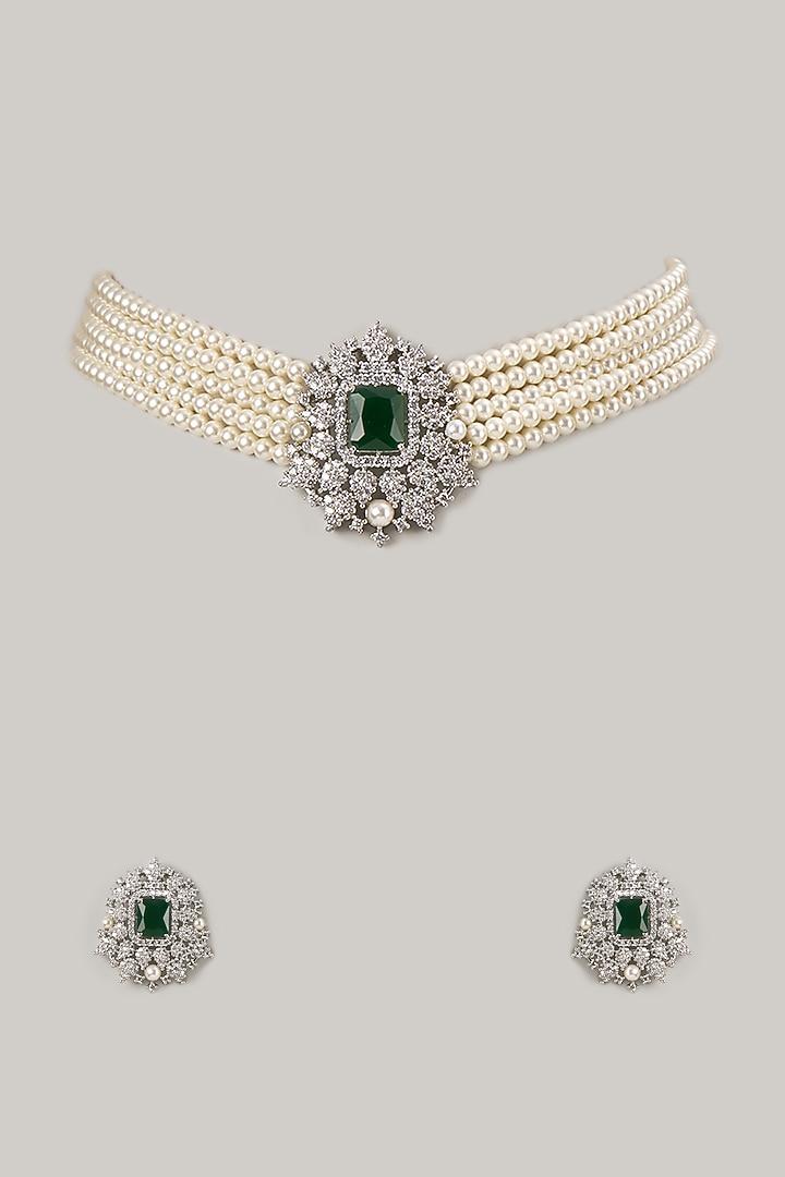 Silver Finish Emerald & Pearl Choker Necklace Set by Moh-Maya by Disha Khatri at Pernia's Pop Up Shop