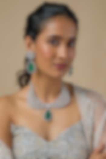 Silver Finish Emerald & Zircon Choker Necklace Set by Moh-Maya by Disha Khatri at Pernia's Pop Up Shop