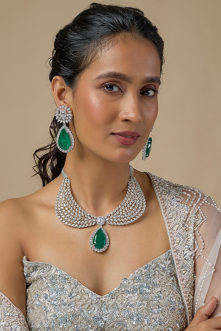 Silver Finish Emerald & Zircon Choker Necklace Set by Moh-Maya by Disha Khatri at Pernia's Pop Up Shop