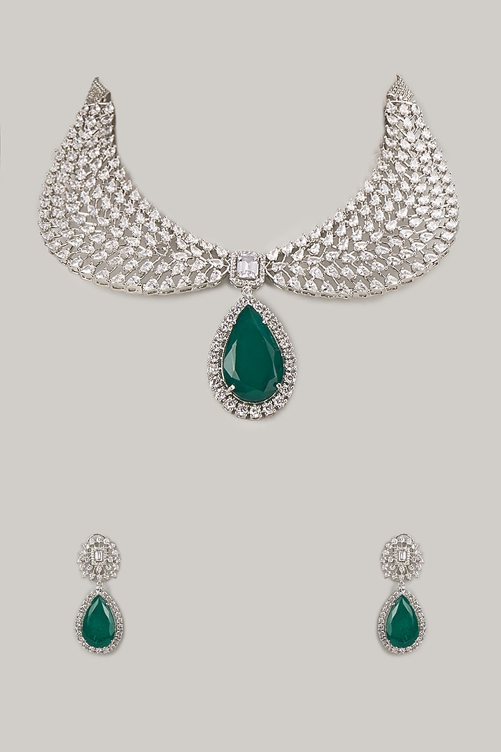 Silver Finish Emerald & Zircon Choker Necklace Set by Moh-Maya by Disha Khatri at Pernia's Pop Up Shop