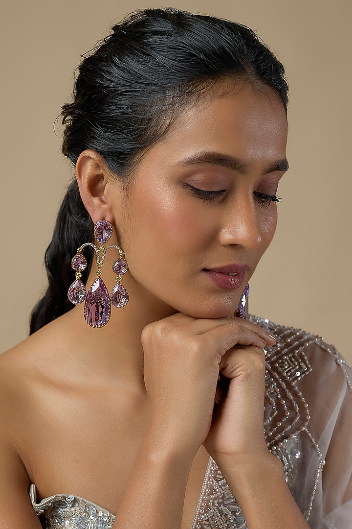 Gold Finish Amethyst & Zircon Dangler Earrings by Moh-Maya by Disha Khatri at Pernia's Pop Up Shop