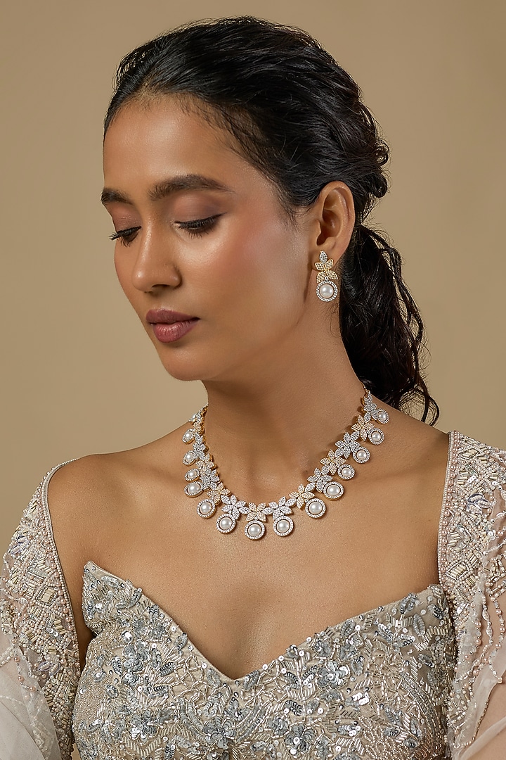 Two Tone Finish Zircon & Pearl Necklace Set by Moh-Maya by Disha Khatri at Pernia's Pop Up Shop