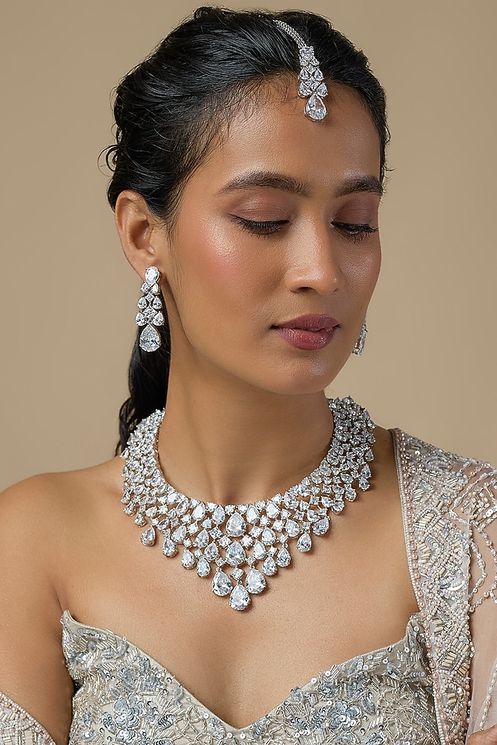 Silver Finish Zircon Choker Necklace Set by Moh-Maya by Disha Khatri at Pernia's Pop Up Shop