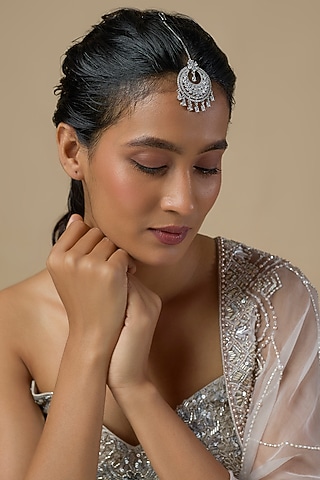 Silver Finish Zircon Maangtikka by Moh-Maya by Disha Khatri