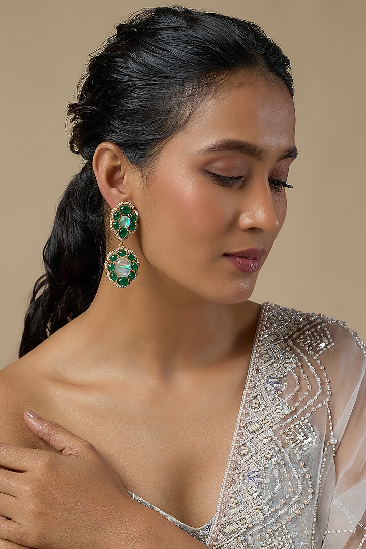 Gold Finish Emerald & Zircon Dangler Earrings by Moh-Maya by Disha Khatri at Pernia's Pop Up Shop