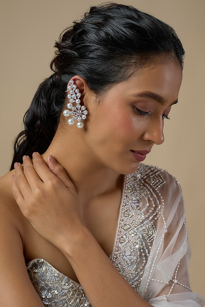 Silver Finish Pearl & Zircon Dangler Earrings by Moh-Maya by Disha Khatri at Pernia's Pop Up Shop