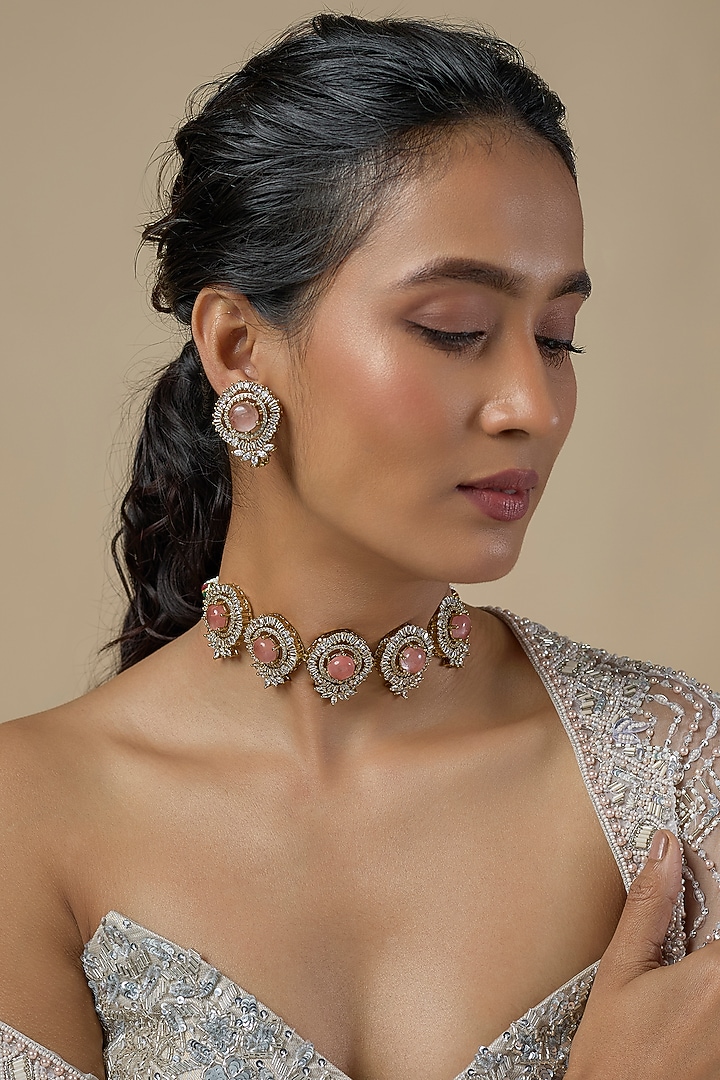 Gold Finish Peach Stone & Zircon Choker Necklace Set by Moh-Maya by Disha Khatri at Pernia's Pop Up Shop