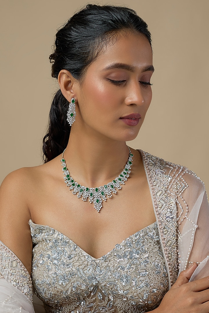 Silver Finish Zircon & Emerald Choker Necklace Set by Moh-Maya by Disha Khatri at Pernia's Pop Up Shop