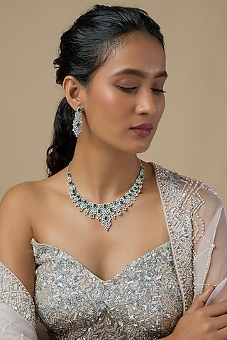 Silver Finish Zircon & Emerald Choker Necklace Set by Moh-Maya by Disha Khatri