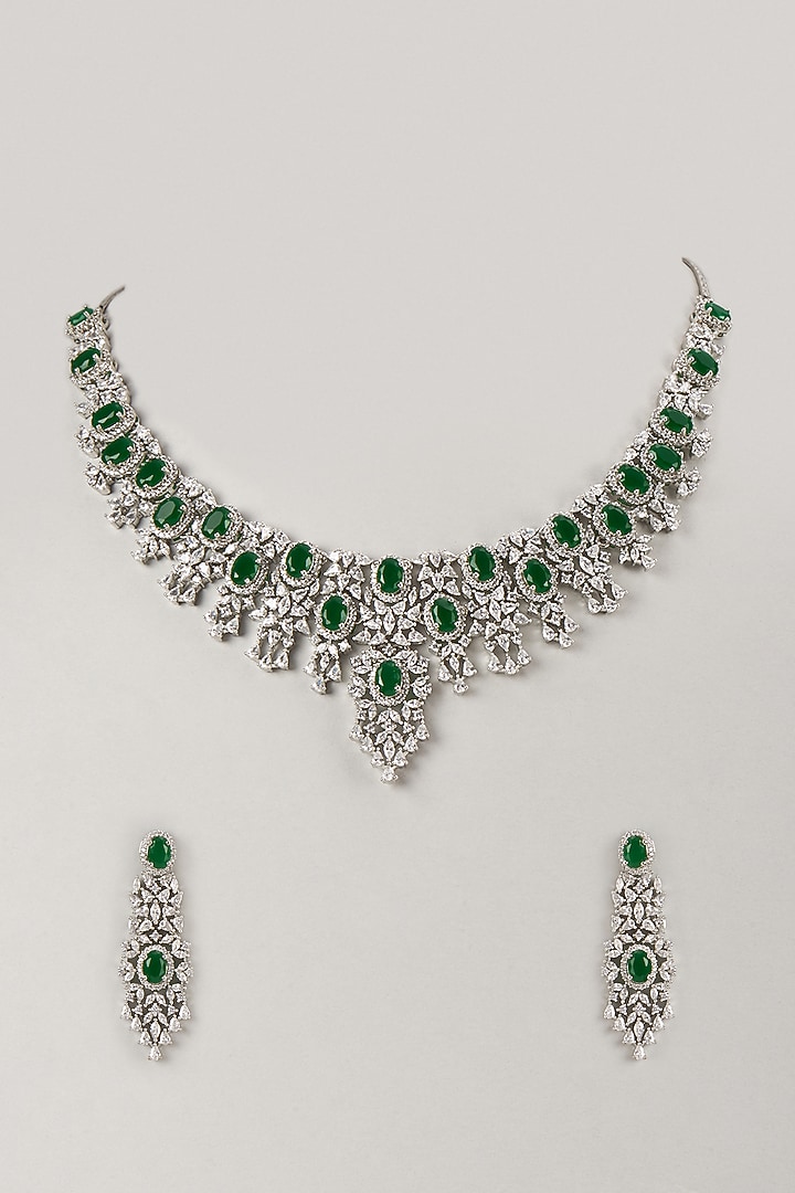 Silver Finish Zircon & Emerald Choker Necklace Set by Moh-Maya by Disha Khatri at Pernia's Pop Up Shop
