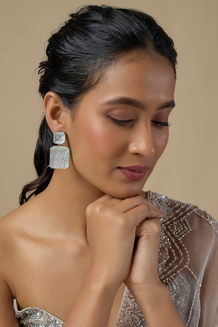 Silver Finish Moon Stone Dangler Earrings by Moh-Maya by Disha Khatri at Pernia's Pop Up Shop