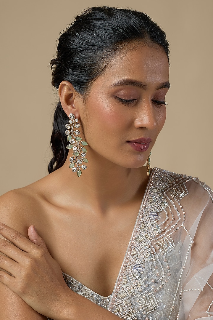 Gold Finish Kundan Polki & Turquoise Stone Dangler Earrings by Moh-Maya by Disha Khatri at Pernia's Pop Up Shop