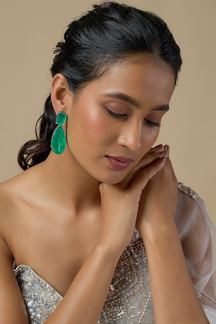 Gold Finish Emerald Stone Dangler Earrings by Moh-Maya by Disha Khatri at Pernia's Pop Up Shop