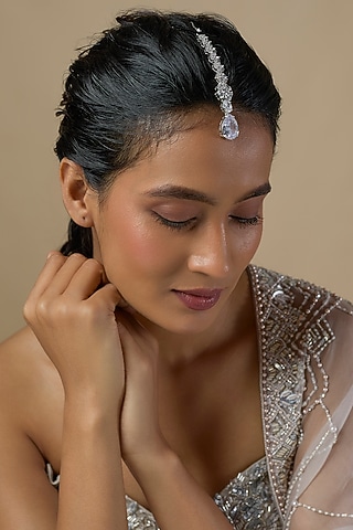 Silver Finish Zircon Maangtikka by Moh-Maya by Disha Khatri