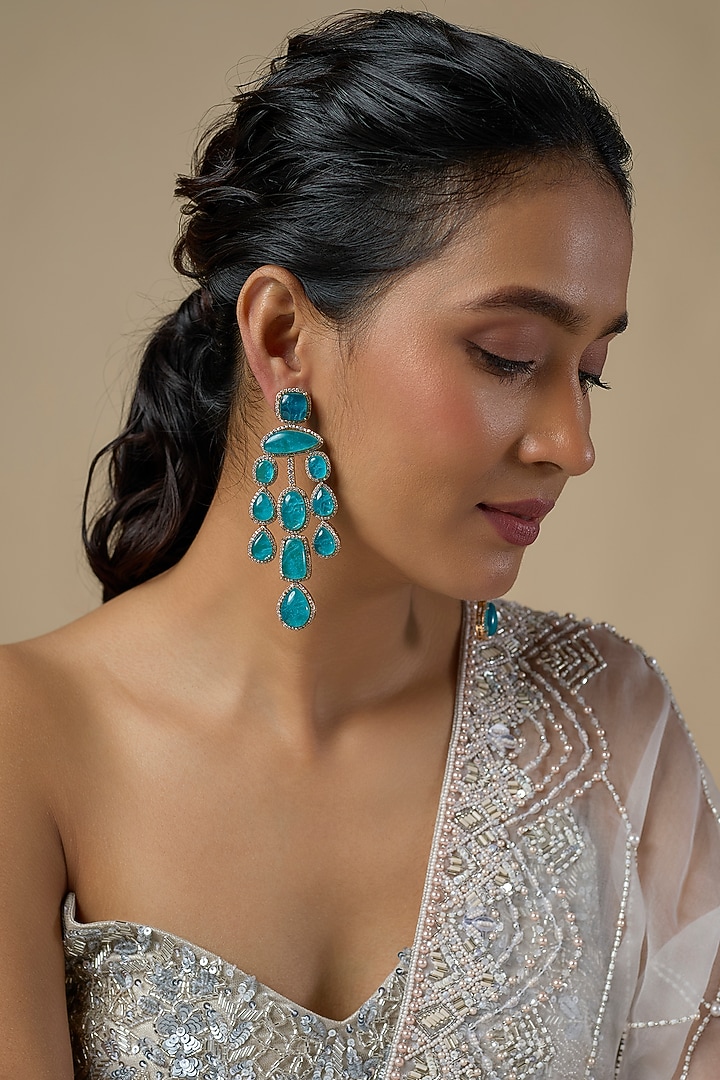 Gold Finish Zircon & Blue Stone Dangler Earrings by Moh-Maya by Disha Khatri at Pernia's Pop Up Shop