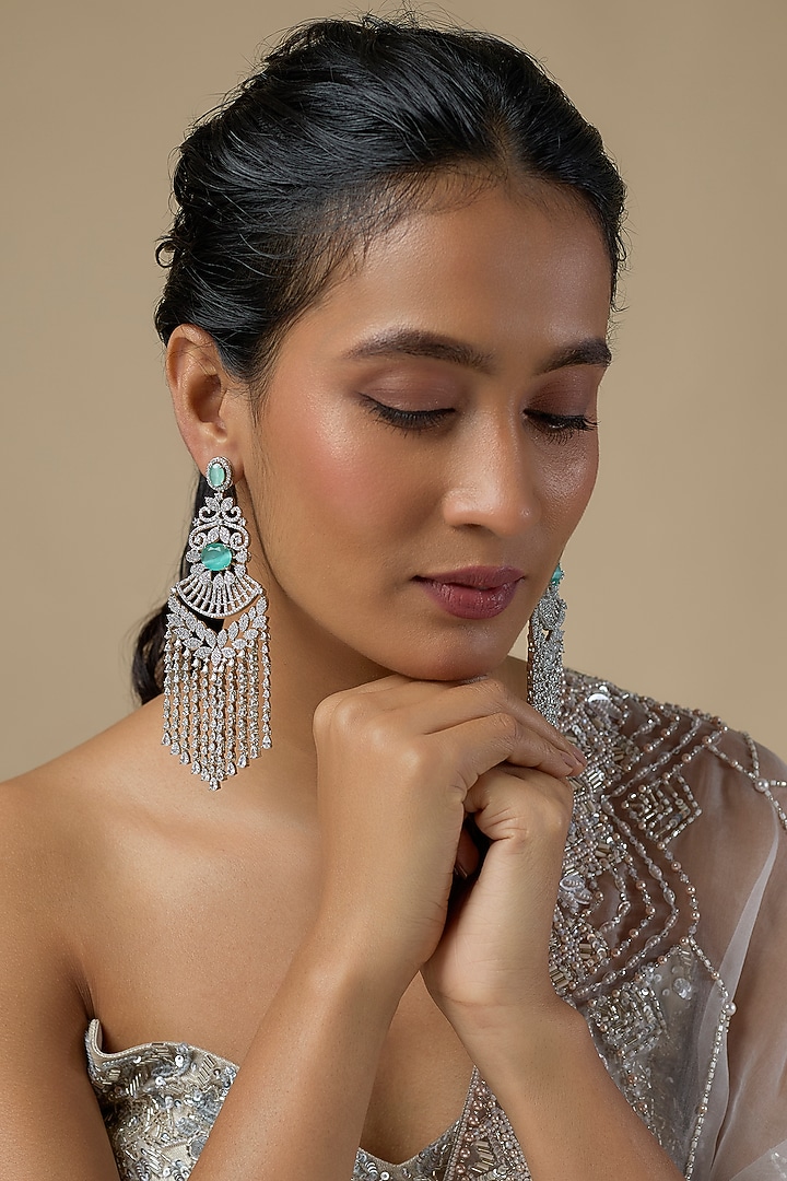 Silver Finish Zircon & Turquoise Stone Dangler Earrings by Moh-Maya by Disha Khatri at Pernia's Pop Up Shop