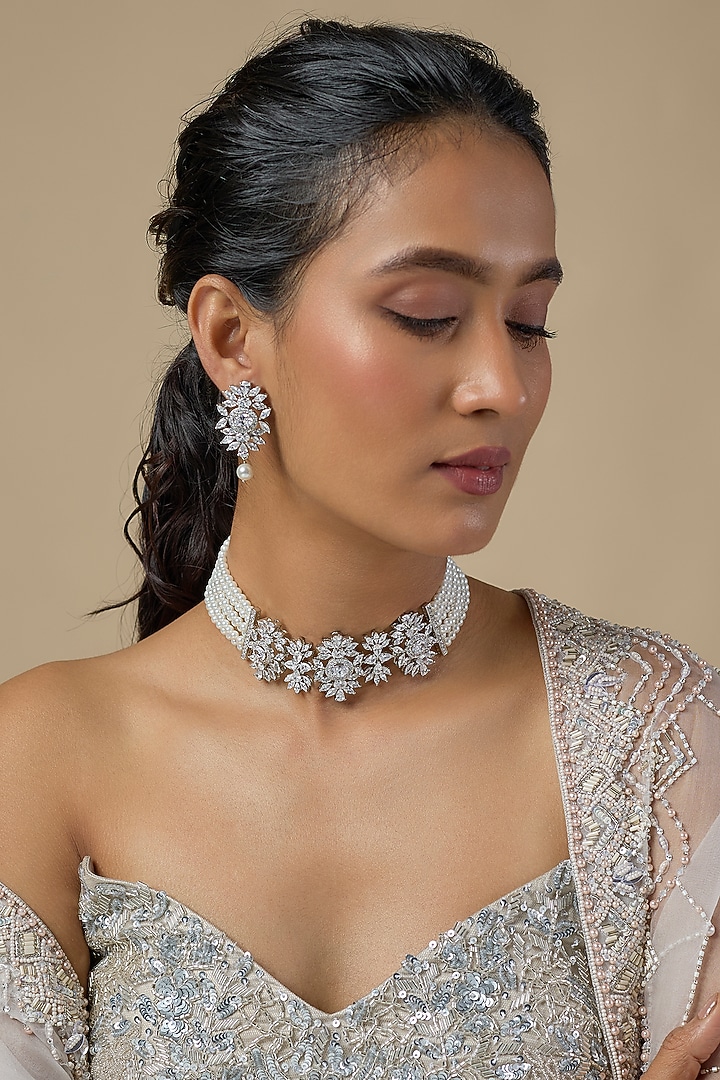Silver Finish Zircon & Pearl Choker Necklace Set by Moh-Maya by Disha Khatri at Pernia's Pop Up Shop