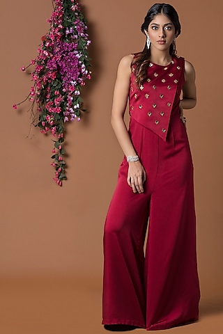 Red Embroidered Cape Jumpsuit by Mehak Murpana