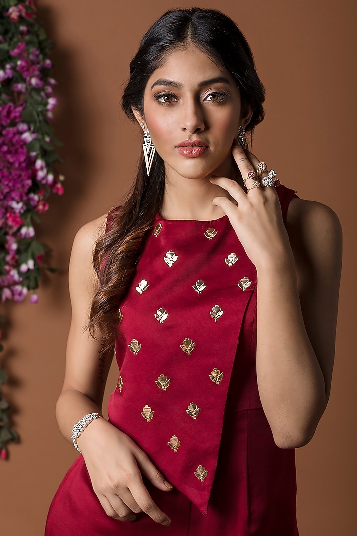 Red Embroidered Cape Jumpsuit by Mehak Murpana at Pernia's Pop Up Shop
